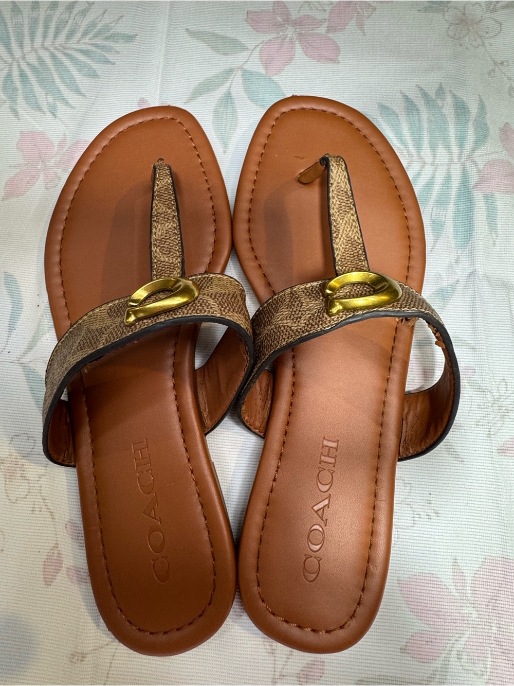 Coach Brown Tan Signature Thong Sandals with Gold Accent